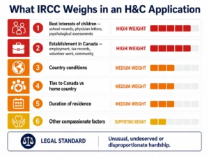 H&C application assessment factors IRCC 2026 — children establishment country conditions weighted by importance