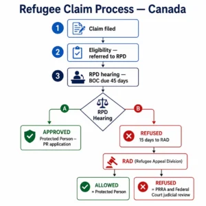 Refugee claim process flowchart Canada — RPD hearing decision RAD appeal PRRA Federal Court judicial review pathway