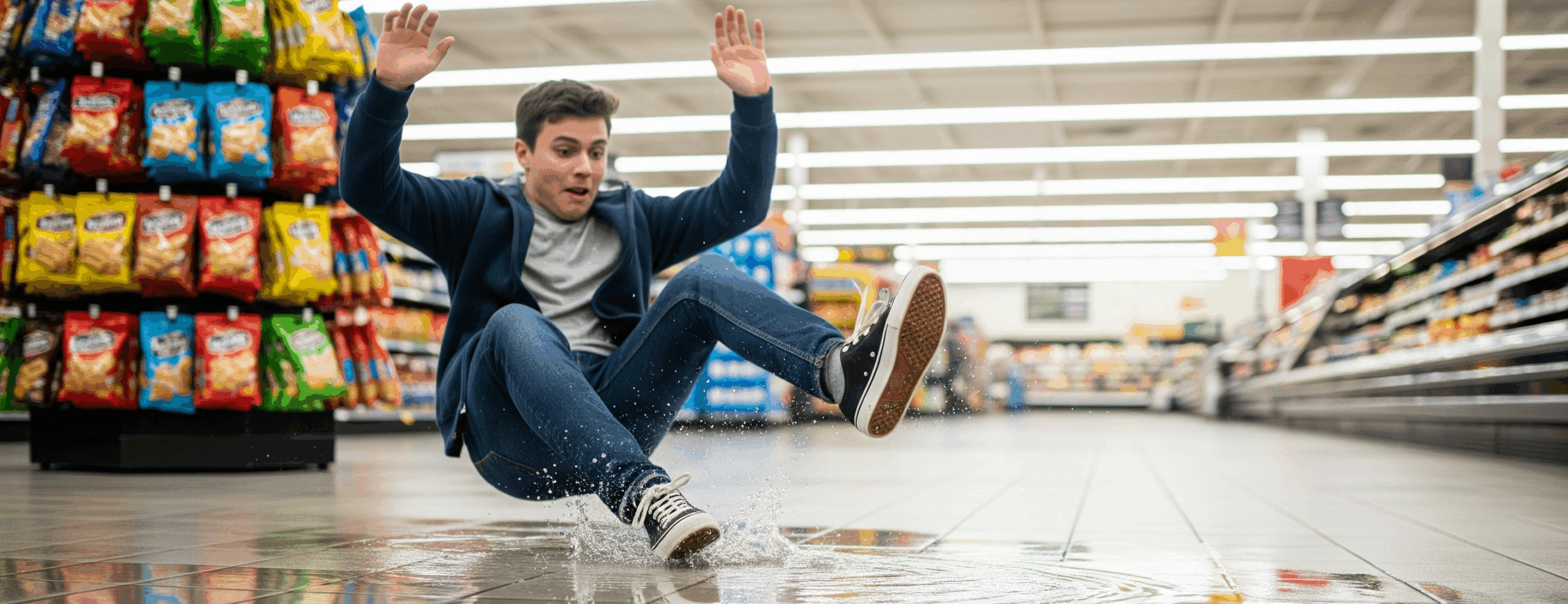 Man slipping on wet grocery store floor near snack aisle – potential slip and fall injury in a commercial premises liability case.