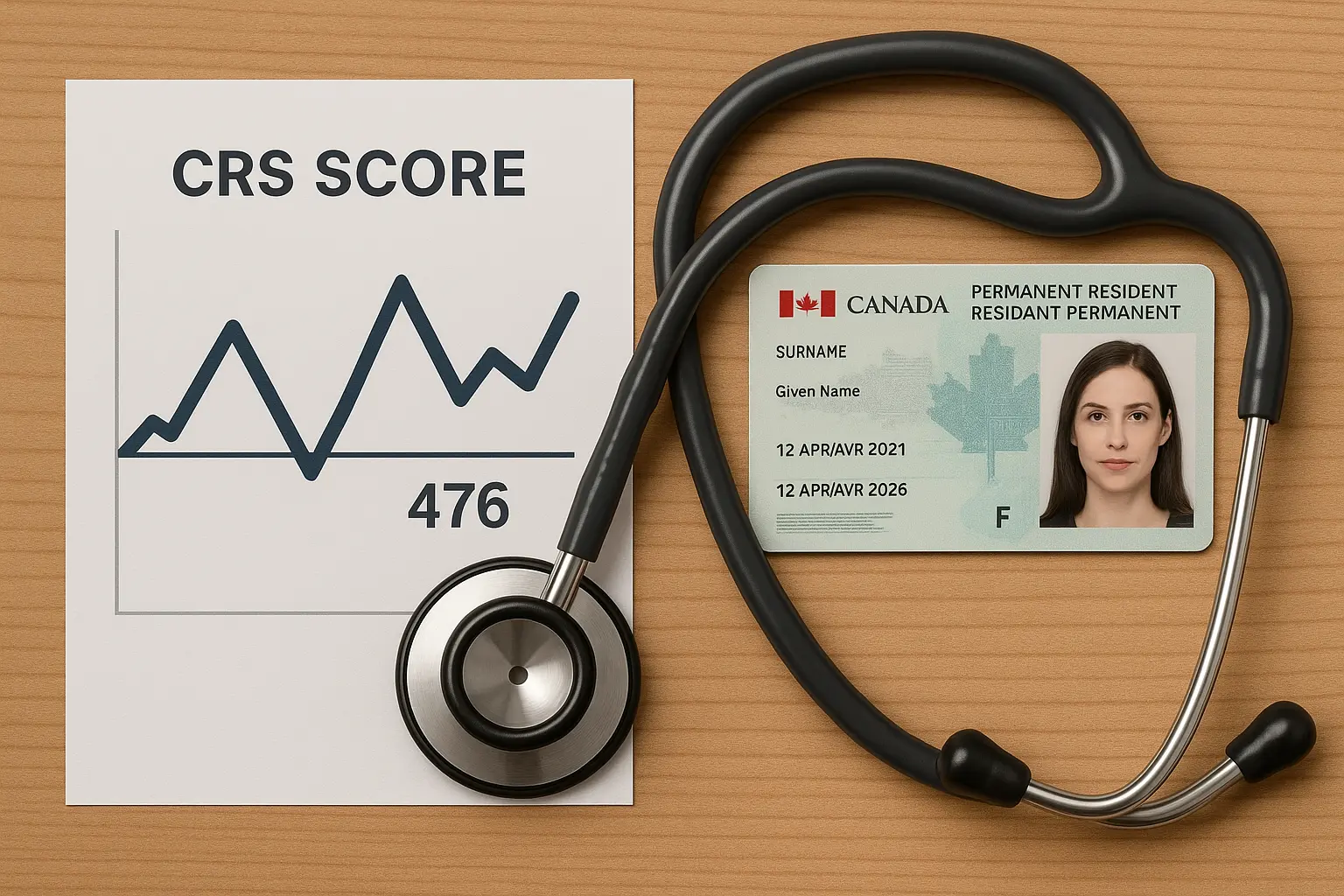 Stethoscope and Canadian Permanent Resident Card next to CRS Score 476 Graph