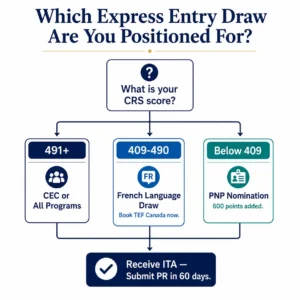 Express Entry draw positioning decision flowchart 2026 — CRS score pathway to CEC French language or PNP draw