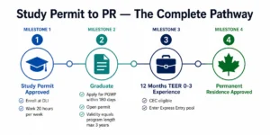 Study permit to PGWP to Canadian Experience Class to permanent residence complete pathway timeline Canada 2026