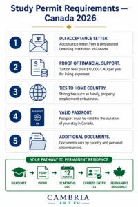 Study permit requirements checklist Canada 2026 — DLI acceptance financial proof ties to home country valid passport