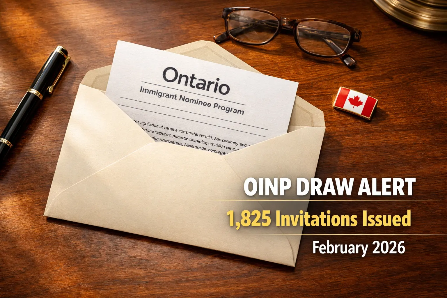 High-angle view of a wooden desk featuring an open invitation envelope revealing an official letter with the OINP (Ontario Immigrant Nominee Program) header, symbolizing the 1,825 immigration invitations issued in February 2026.