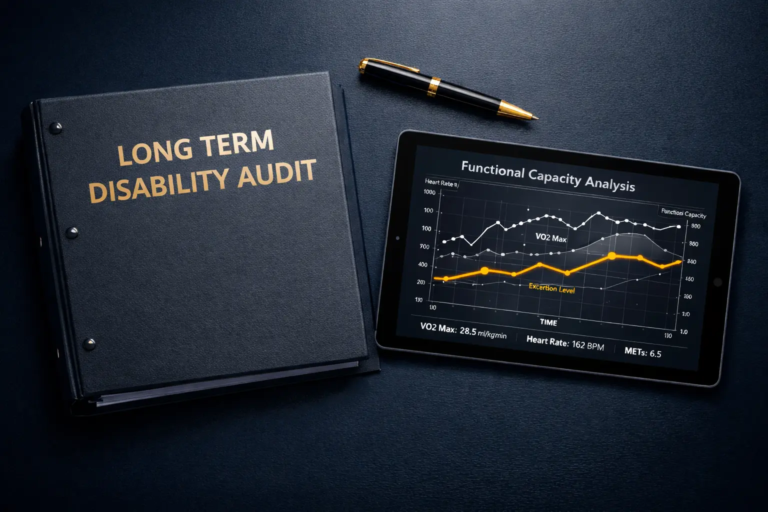 A Long Term Disability Lawyer reviewing a client's functional capacity analysis and claim file.