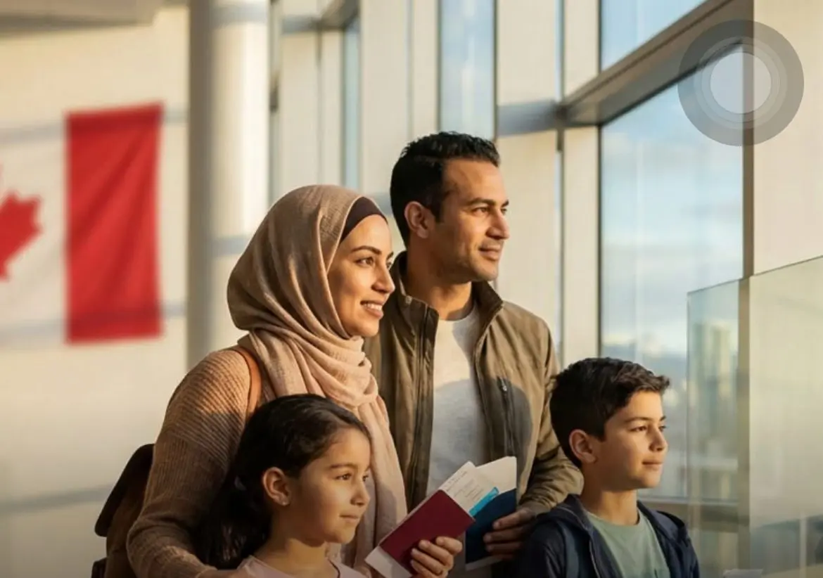Accompanying family unit at a Canadian airport representing optimized Express Entry Spouse Points and permanent residence admissibility.