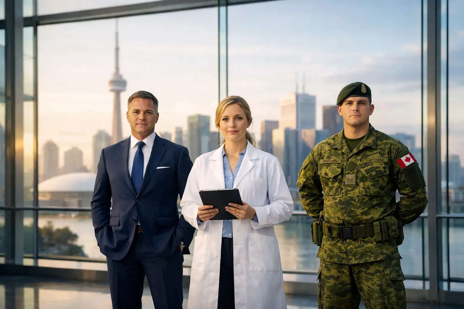 Cinematic portrait of a senior manager, a scientist, and a Canadian Armed Forces member standing in front of the Toronto skyline, representing the new 2026 Express Entry categories.