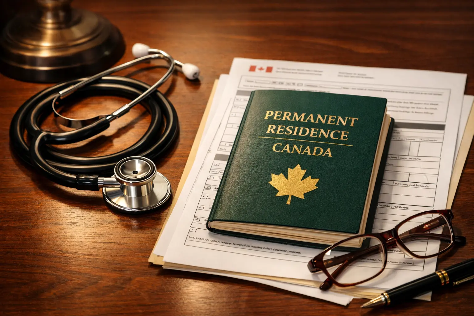 A stethoscope, reading glasses, and a green Permanent Residence Canada booklet resting on immigration forms, symbolizing the PR pathway for healthcare professionals.