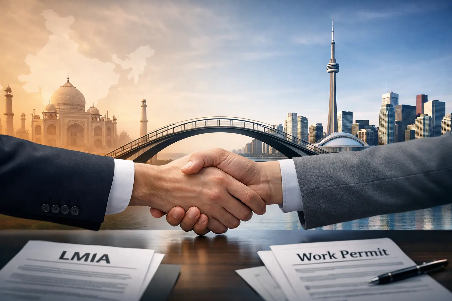 Conceptual image of two professionals shaking hands over LMIA and Work Permit documents, with a bridge connecting the Taj Mahal in India to the Toronto skyline in Canada in the background.
