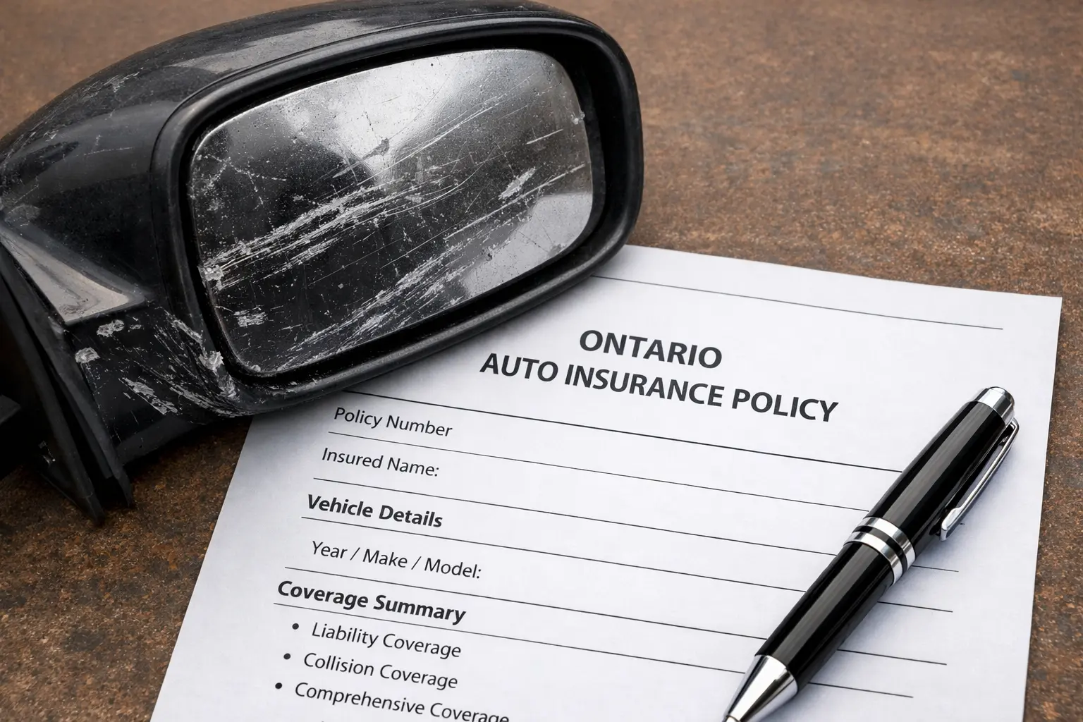 A damaged side mirror from a single-vehicle accident resting on an Ontario Auto Insurance Policy form, illustrating a claim scenario for car insurance Ontario.