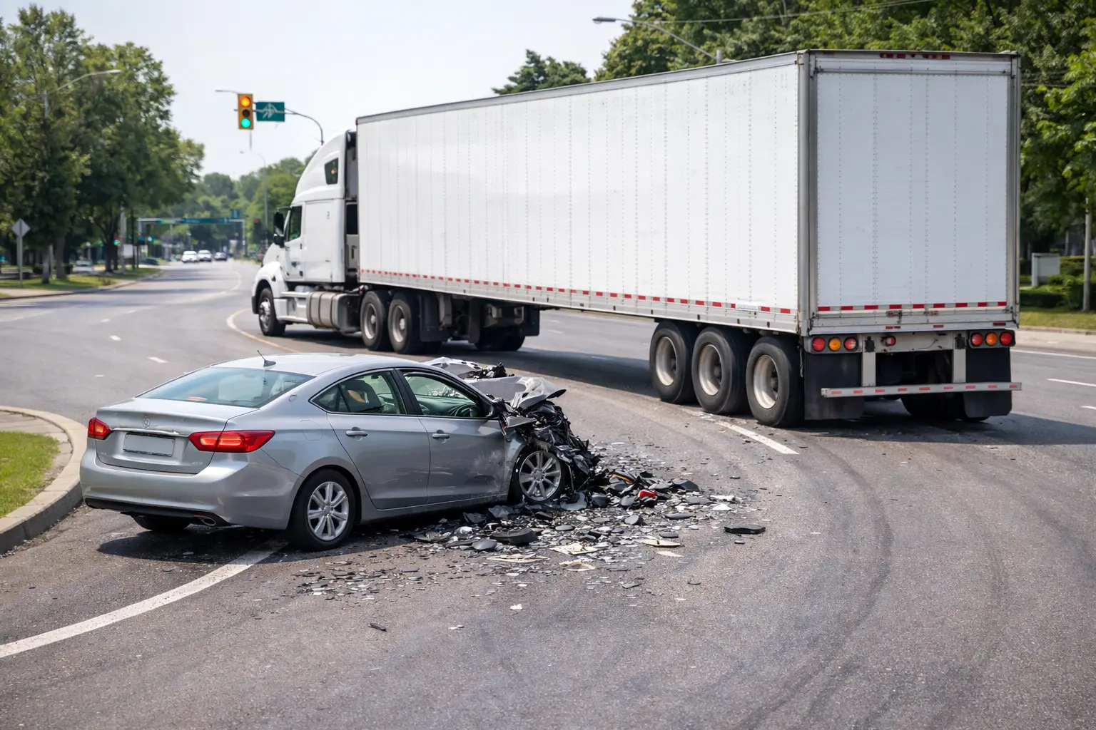 A silver sedan crushed by the trailer of a semi-truck at an intersection during a wide left turn, visually representing a wide left turn truck crash and the resulting liability issues.