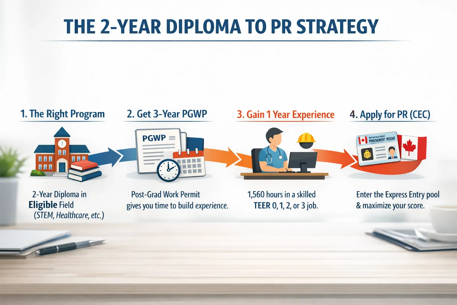 Infographic outlining the Canadian Experience Class requirements for graduates with a 2-year college diploma.