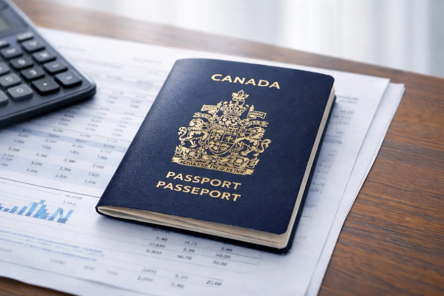 A Canadian passport resting on financial documents, representing the upcoming 2026 Canadian passport fee increase.