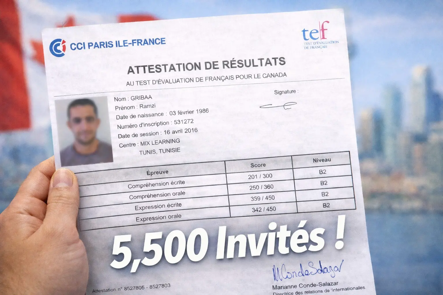 French Express Entry draw results showing a TEF Canada language test certificate with 5,500 candidates invited.