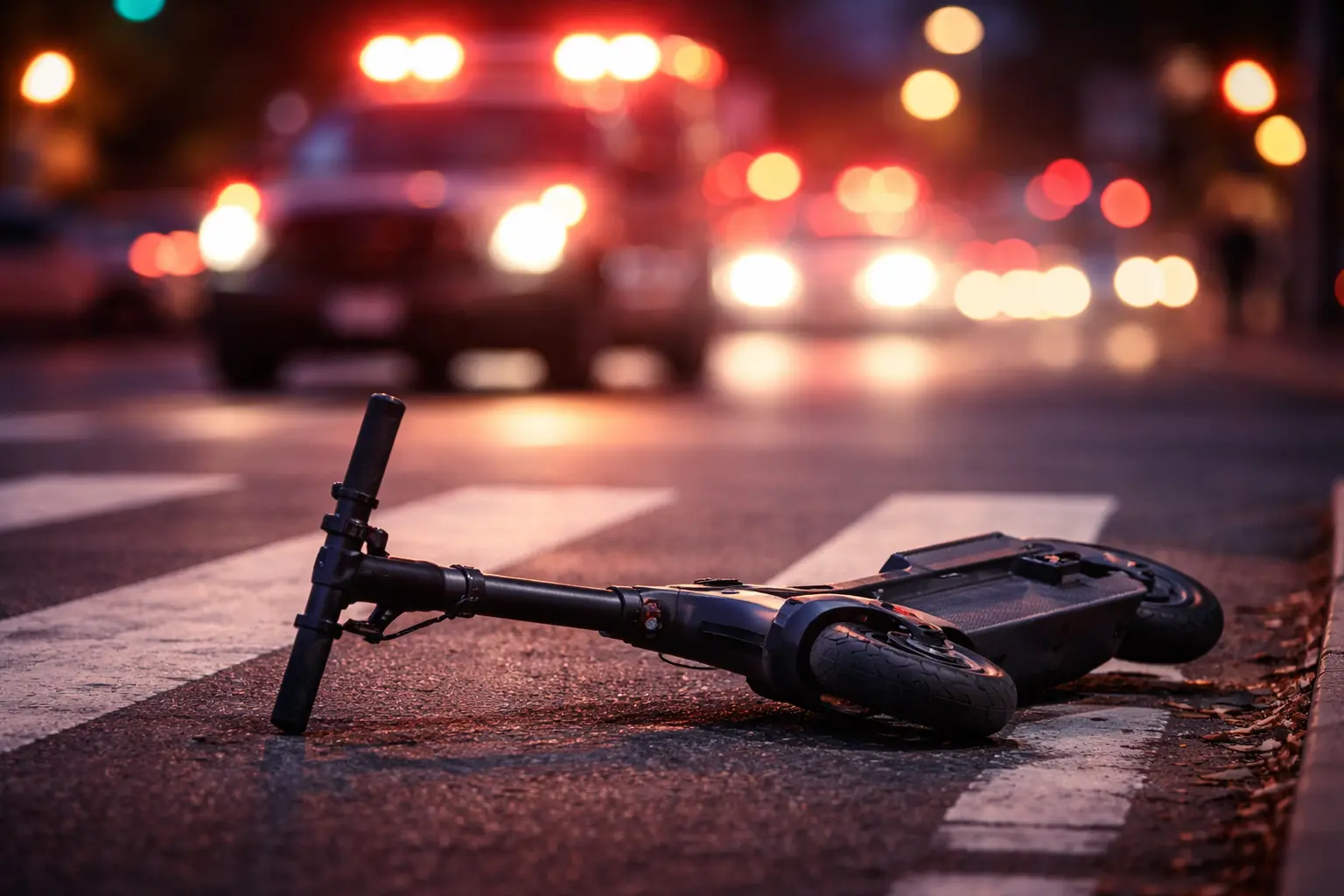 A damaged electric bike lying on a street after a collision with a car, cordoned off by yellow police tape as an officer investigates the accident scene in the Greater Toronto Area.