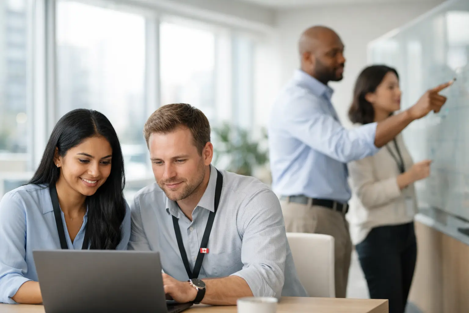 A diverse team of tech professionals collaborating in a modern Canadian office, representing Canada's extended Innovation Stream LMIA-exempt work permit pilot until 2028.