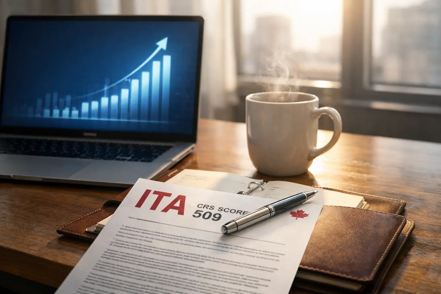 A Canadian immigration Invitation to Apply (ITA) document displaying a CRS score of 509 resting on a desk next to a laptop showing growth, illustrating a successful express entry canada profile for the CEC draw.