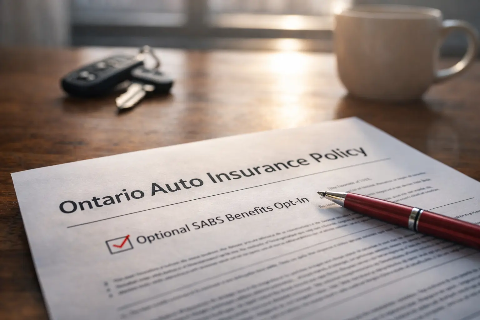 An Ontario auto insurance document showing the opt-in section for the 2026 SABS changes, highlighting the importance of securing your accident benefits.