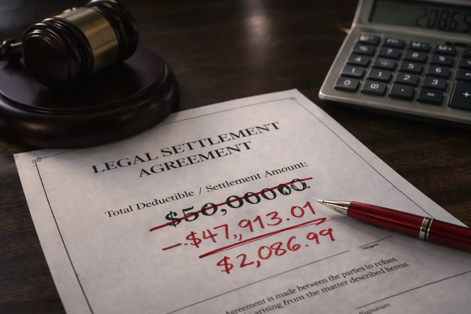 A conceptual image of a legal settlement document with a calculated financial reduction, representing how the tort deductible Ontario 2026 impacts car accident pain and suffering payouts.