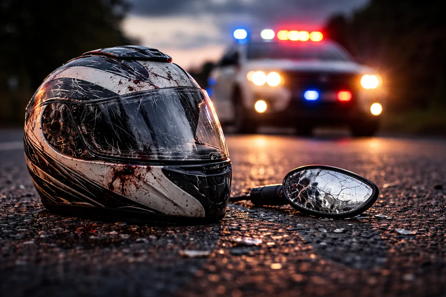 A damaged motorcycle helmet resting on the road near emergency lights, highlighting exactly what to do in the first 24 hours after a motorcycle accident in Ontario.