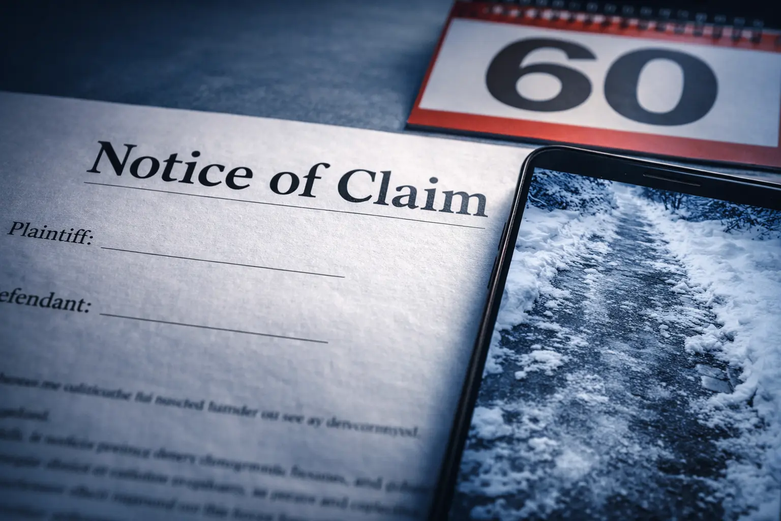 A legal notice document next to a photo of an icy sidewalk, representing the strict slip and fall Ontario 60 day notice requirement for winter injury claims.