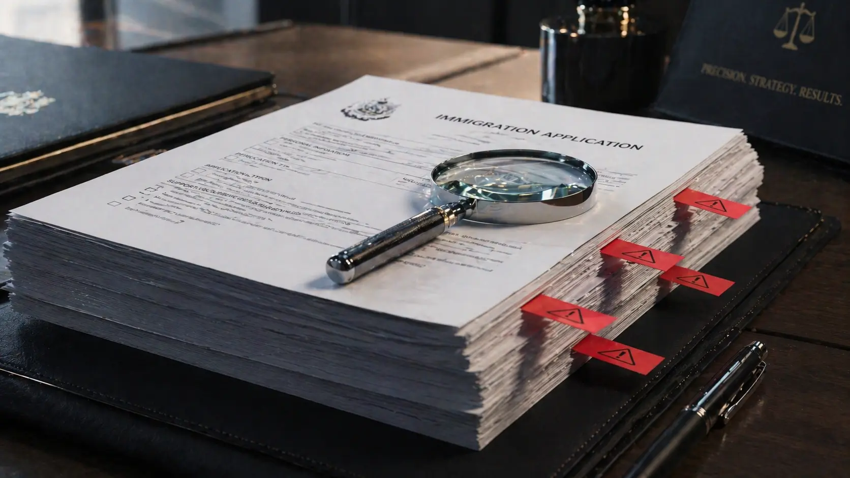 An Ontario immigration application file marked with five red warning tabs, symbolizing common reasons for an OINP job offer stream refusal.