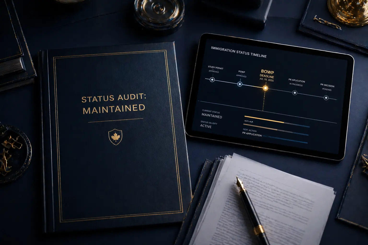 Technical audit folder labeled 'STATUS AUDIT: MAINTAINED' next to an immigration status timeline tablet on a professional navy blue executive desk.