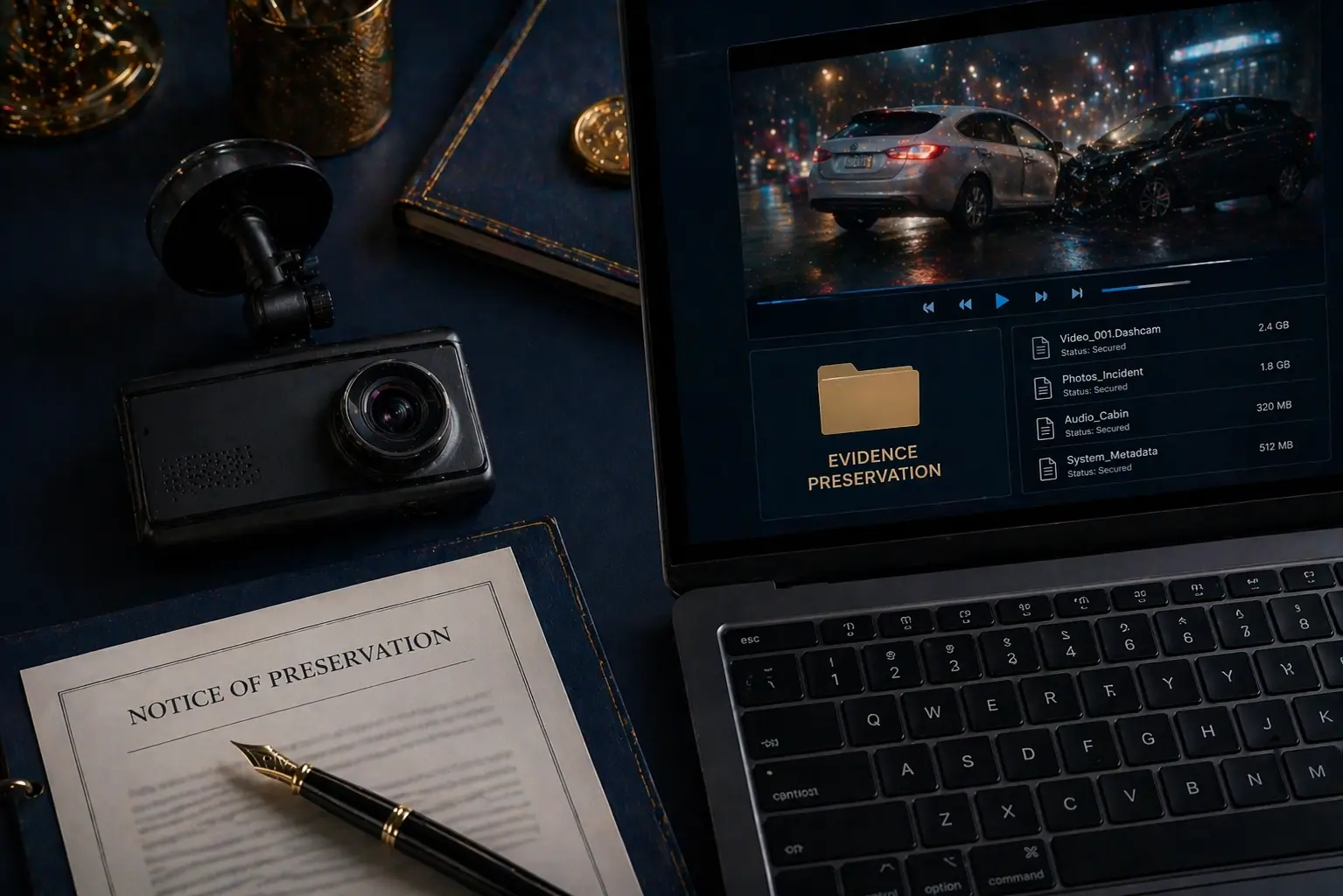 A dashcam and a computer screen displaying accident playback, representing the preservation of digital evidence in Ontario personal injury litigation.