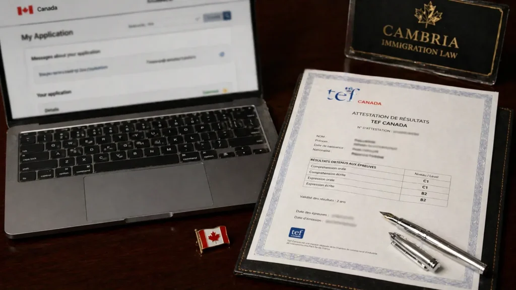 A desk featuring an official French language test certificate and a Canadian flag pin, representing the Express Entry French-language proficiency draw for permanent residence.