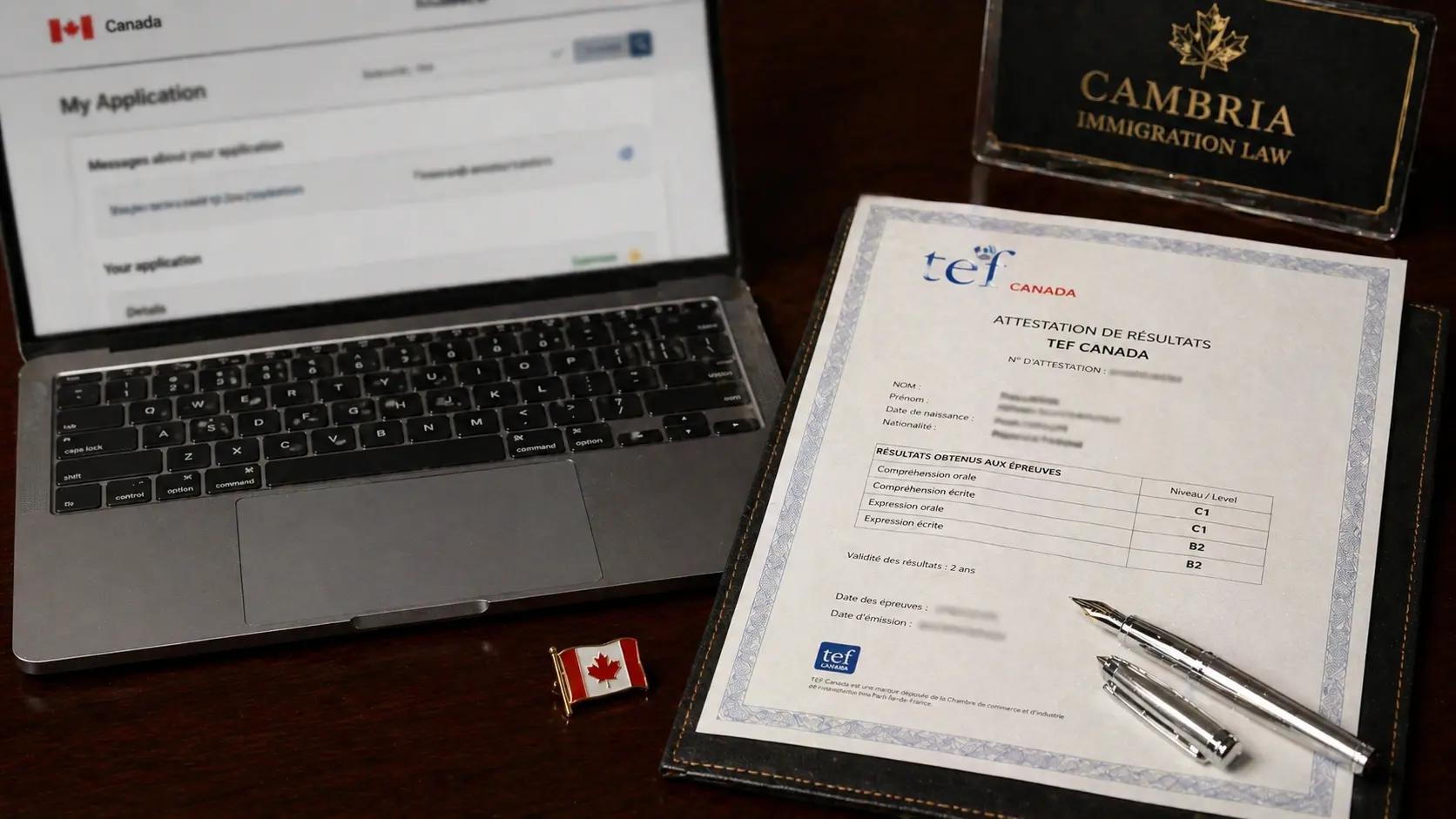 A desk featuring an official French language test certificate and a Canadian flag pin, representing the Express Entry French-language proficiency draw for permanent residence.