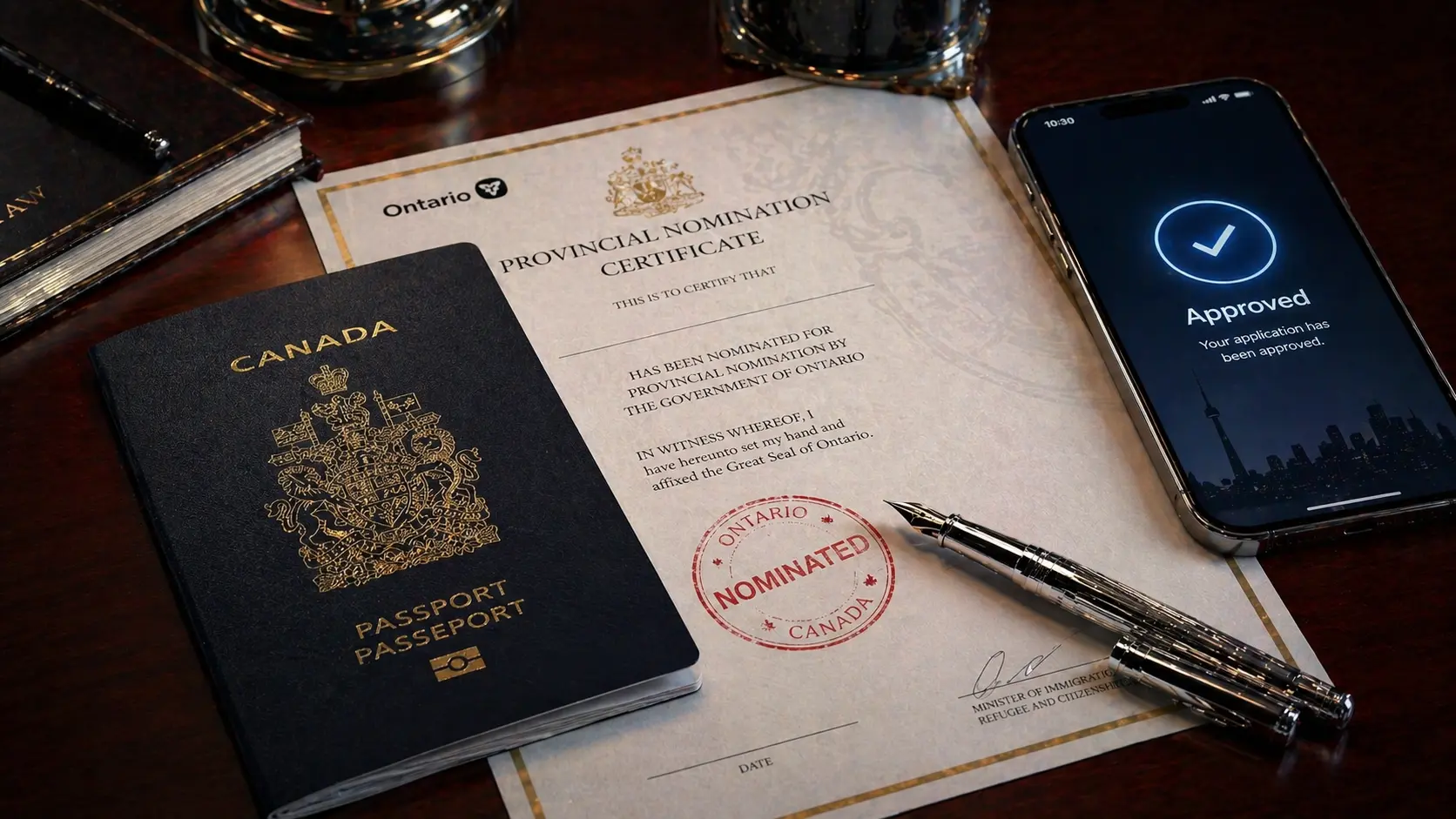 A Canadian passport and a provincial nomination certificate lying on a desk, representing the Express Entry PNP pathway to permanent residence.