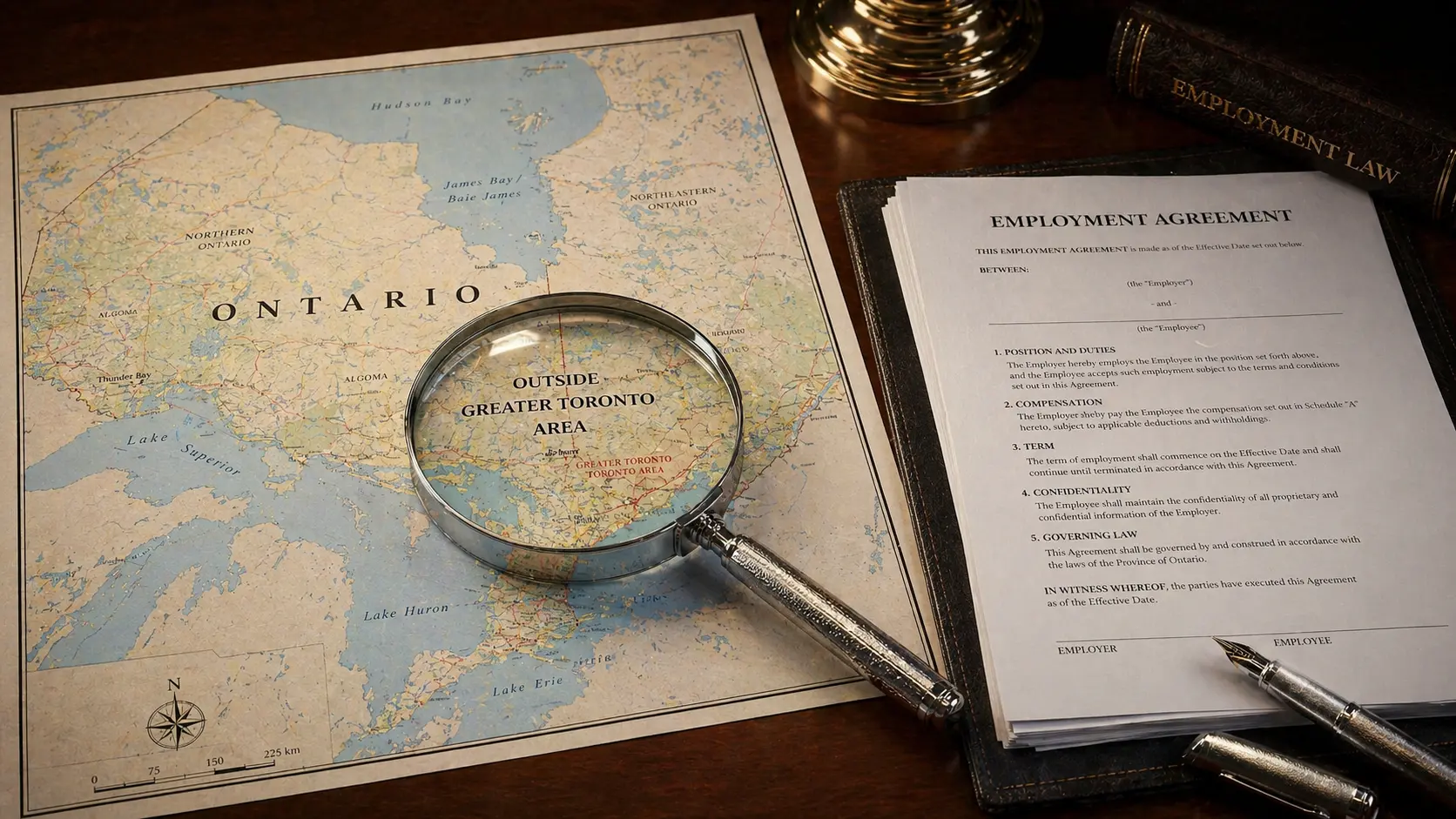 A magnifying glass resting over a map of Ontario next to a stack of employment contracts, representing the OINP regional draws for skilled foreign workers.