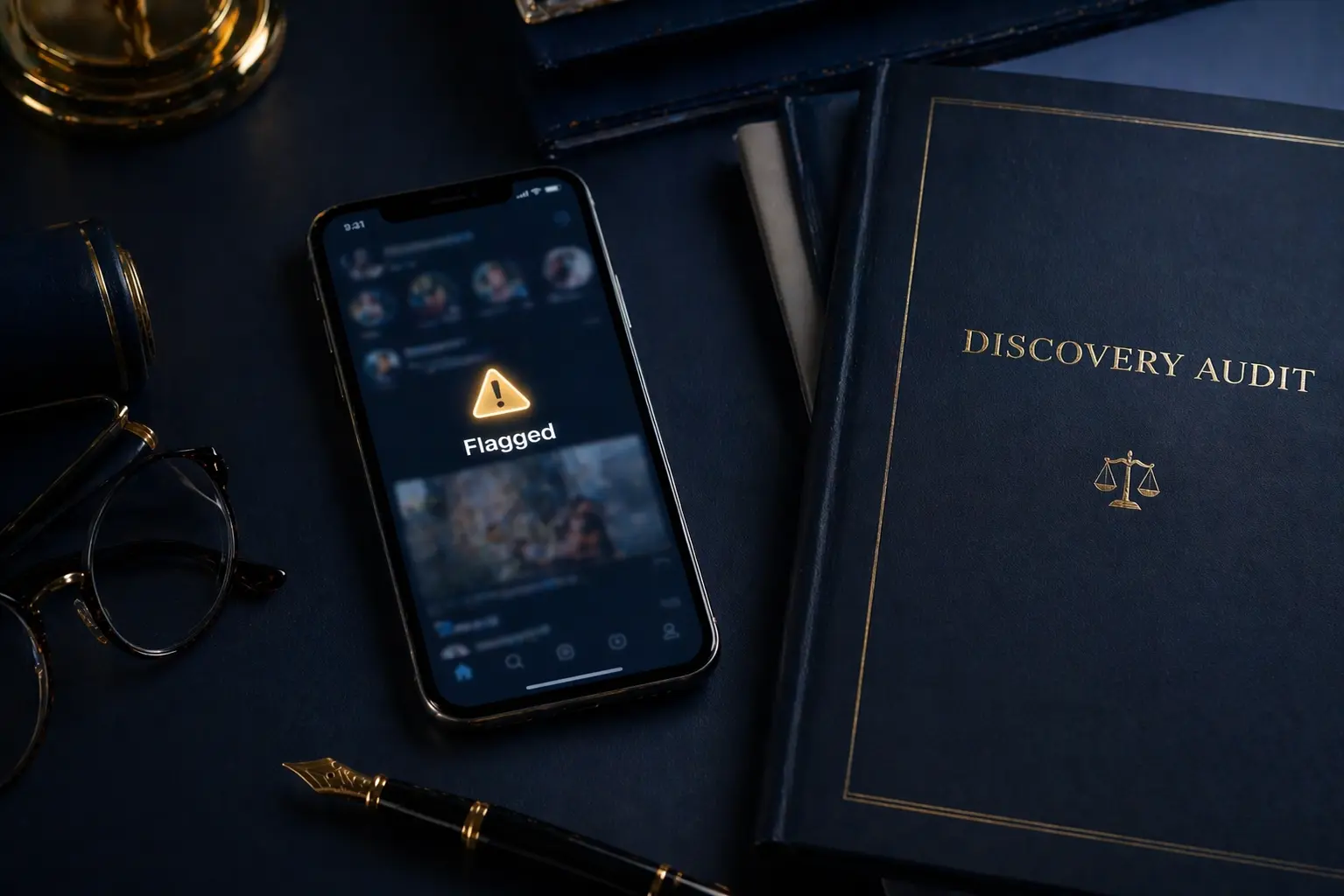 A professional desk setting featuring a smartphone with a social media 'Flagged' notification next to a legal file labeled 'DISCOVERY AUDIT', representing social media monitoring in Ontario personal injury litigation.