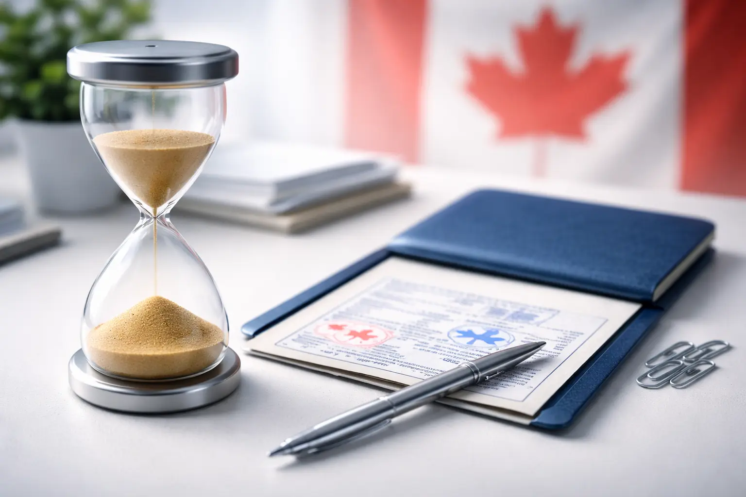 Clock and immigration documents on a desk — TR to PR pathway Canada 2026 reopening soon, be ready before it fills