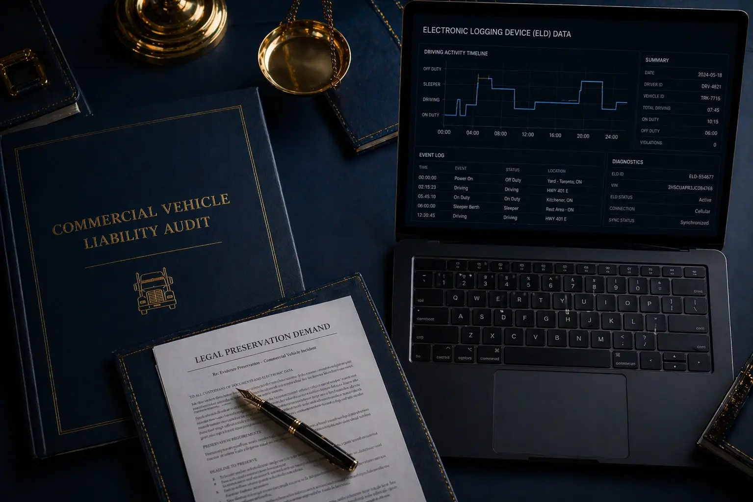 Legal file labeled 'Commercial Vehicle Liability Audit' next to a laptop displaying ELD data and a legal preservation demand letter on an executive desk.