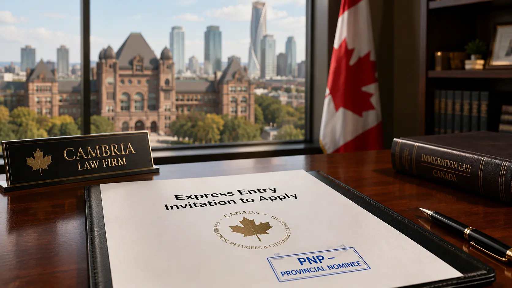 A professional photograph of a legal office desk. In the foreground, there is a document titled "Express Entry Invitation to Apply" with a Canadian maple leaf government seal and a blue ink stamp reading "PNP — PROVINCIAL NOMINEE." In the midground, a nameplate for "Cambria Law Firm" sits on the desk. Through the window in the background, a Canadian flag is visible alongside the Ontario legislative building and a Mississauga skyline, all under warm lighting with a soft bokeh effect.