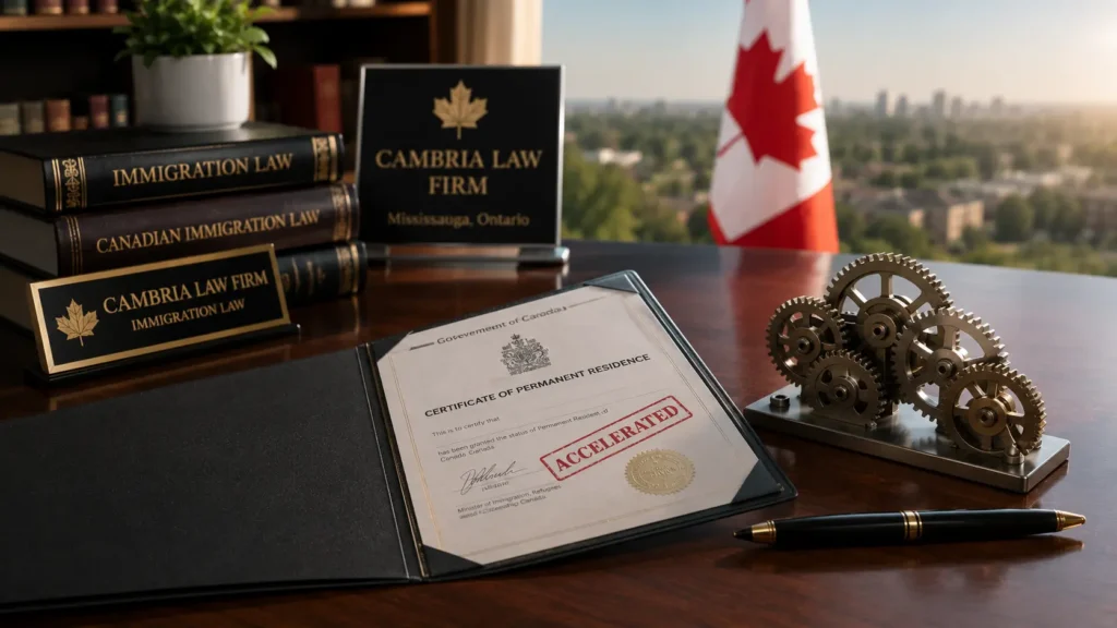 Visual representation of the 2026 Canada TR to PR fast-track initiative focusing on automatic processing and regional community application approvals.
