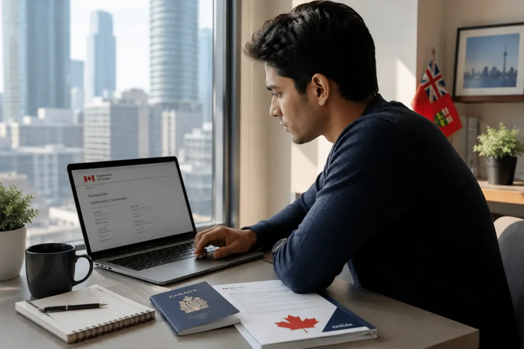 Express Entry applicant reviewing the May 2026 Canadian Experience Class draw results on a laptop in Mississauga Ontario