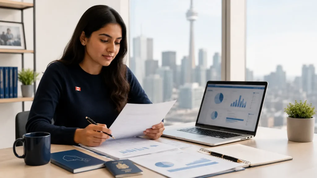 International student in Ontario working remotely while reviewing Express Entry foreign work experience documents