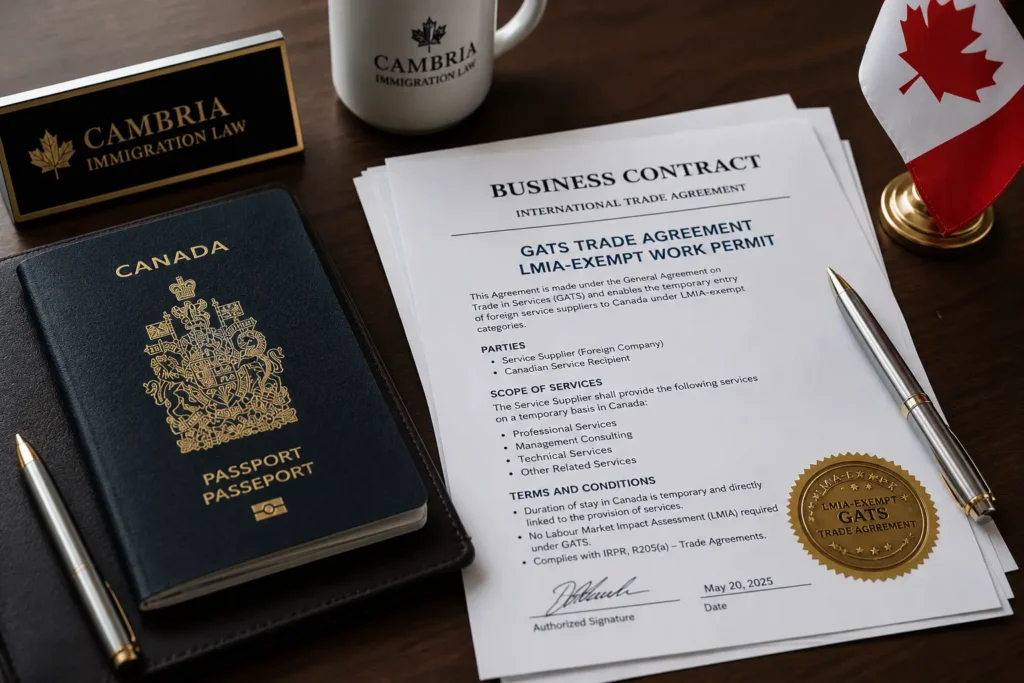 Passport and business contract representing the LMIA-exempt work permit under the GATS trade agreement in Canada.