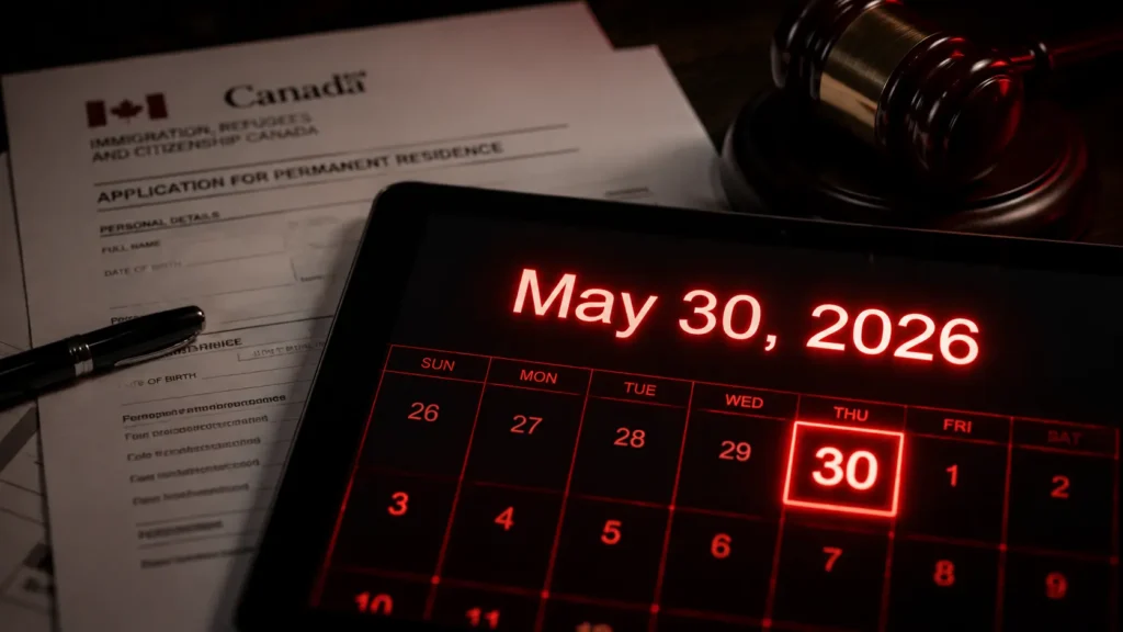 A calendar showing May 30, 2026, the strict legal deadline for the OINP stream closures in Ontario.