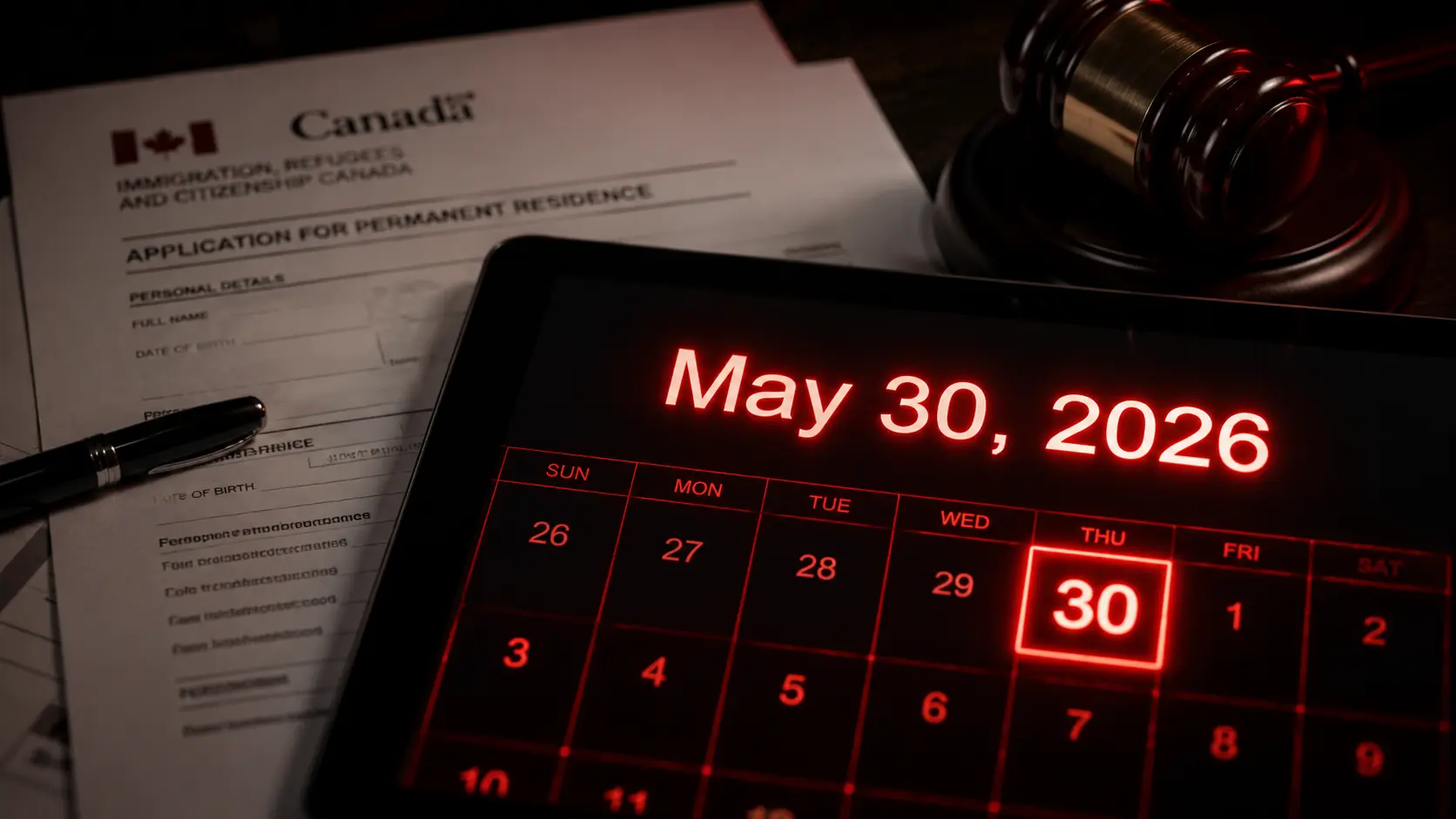 A calendar showing May 30, 2026, the strict legal deadline for the OINP stream closures in Ontario.