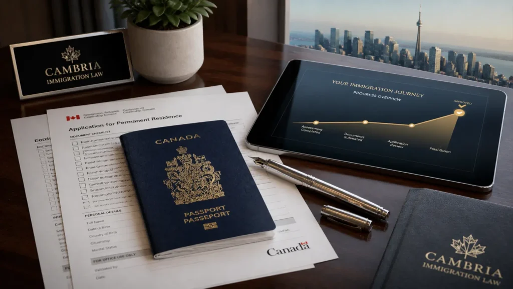 Official permanent residence documents and a Canadian passport, representing the TR to PR pathway for temporary residents in Canada.