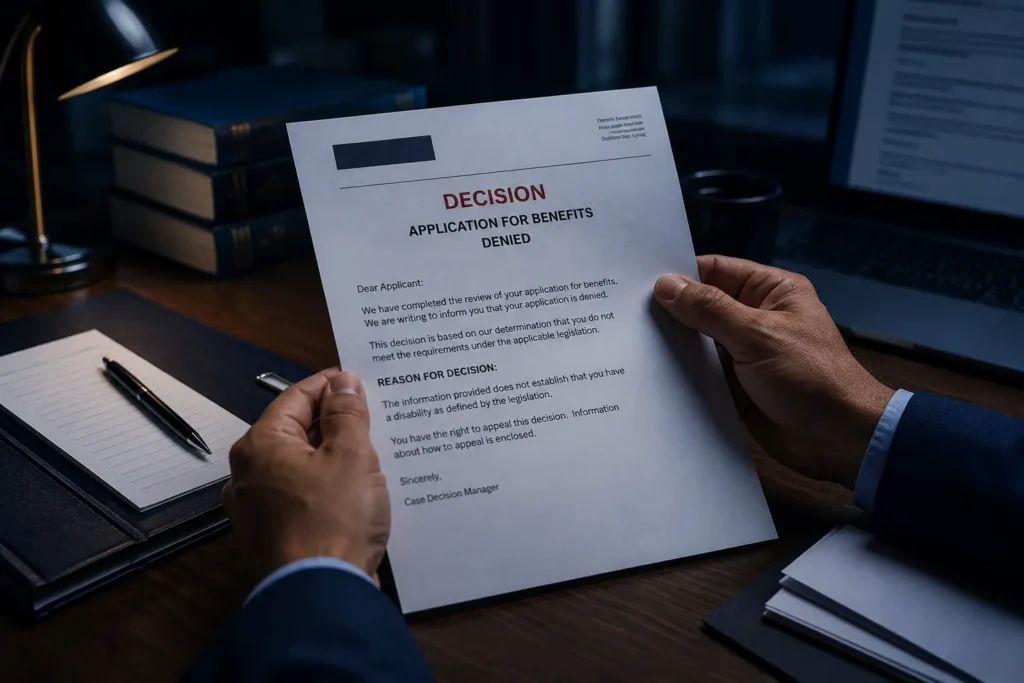 Person reviewing an insurance claim denial letter at a desk in Ontario