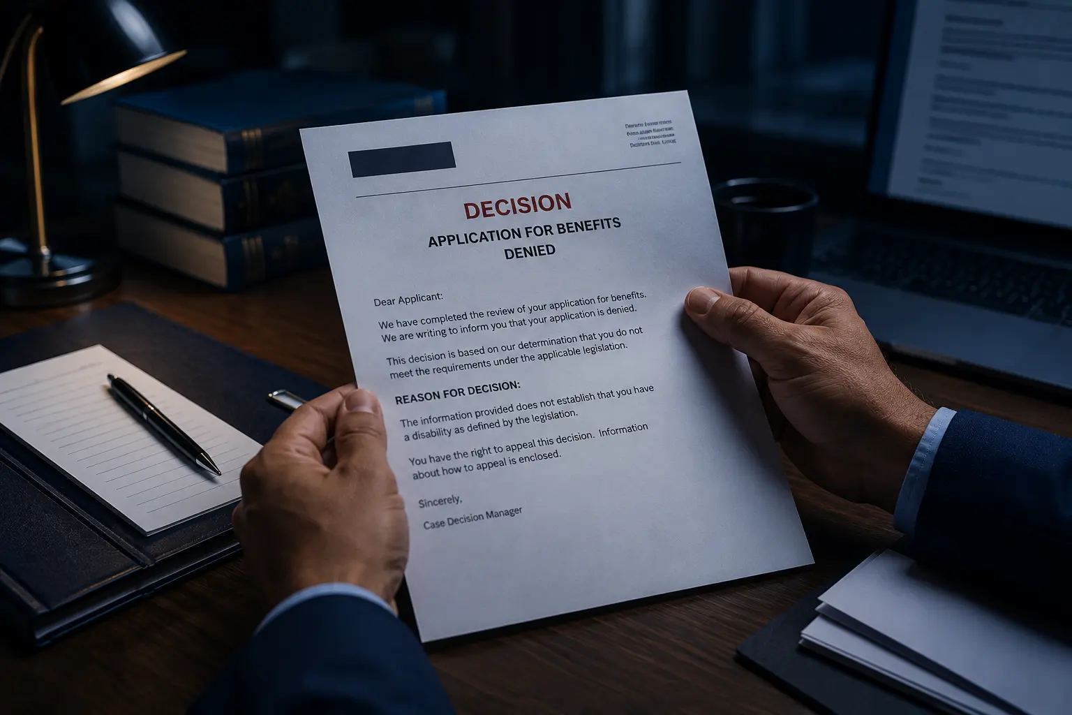 Person reviewing an insurance claim denial letter at a desk in Ontario