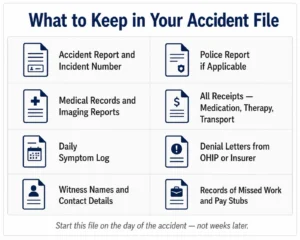 Infographic checklist of 8 documents to keep in an accident file after an injury in Ontario