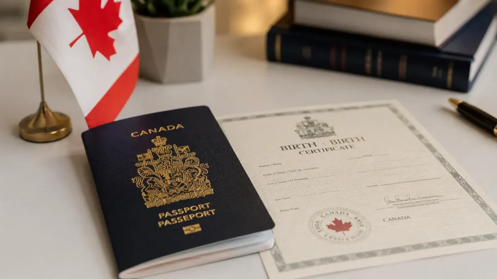 Canadian passport and birth certificate representing citizenship by descent eligibility under Bill C-3 in 2026 at Cambria Law Firm Mississauga.