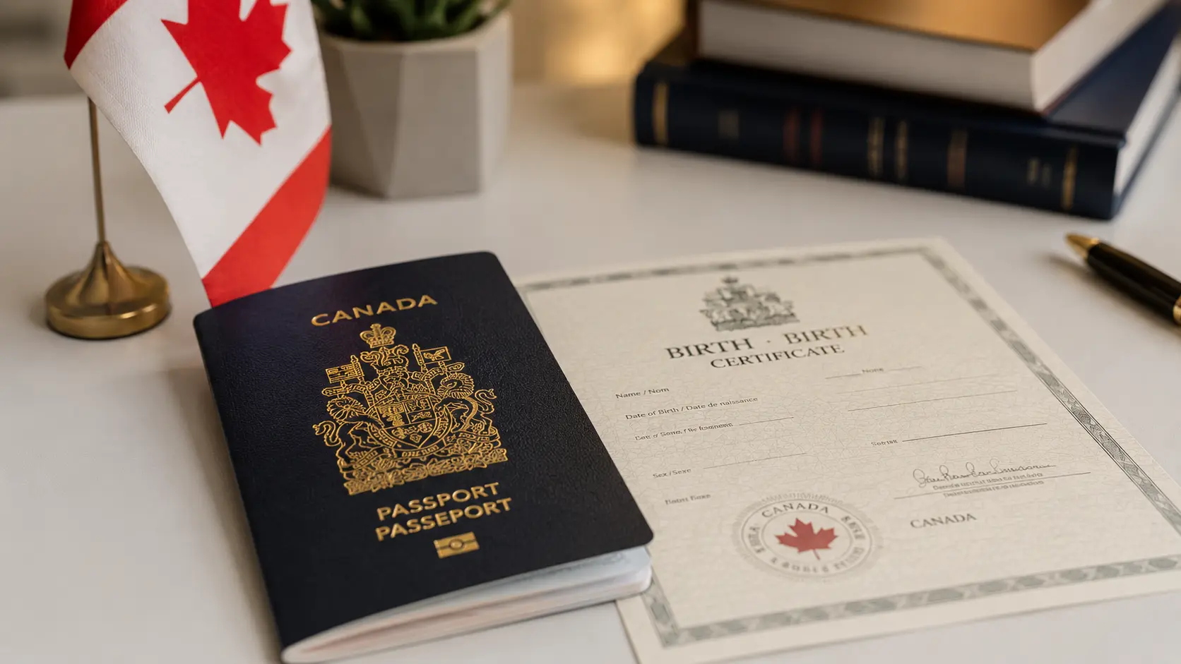 Canadian passport and birth certificate representing citizenship by descent eligibility under Bill C-3 in 2026 at Cambria Law Firm Mississauga.