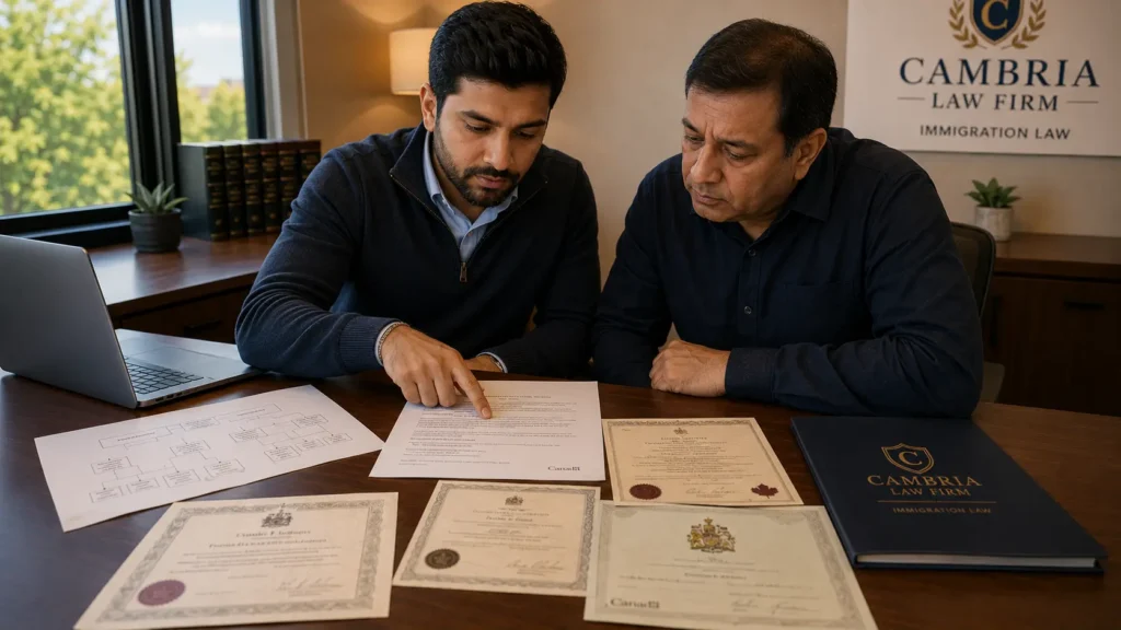 Immigration consultant reviewing citizenship-by-descent documents with a client at a professional Mississauga law office following the June 2026 IRCC processing pause.