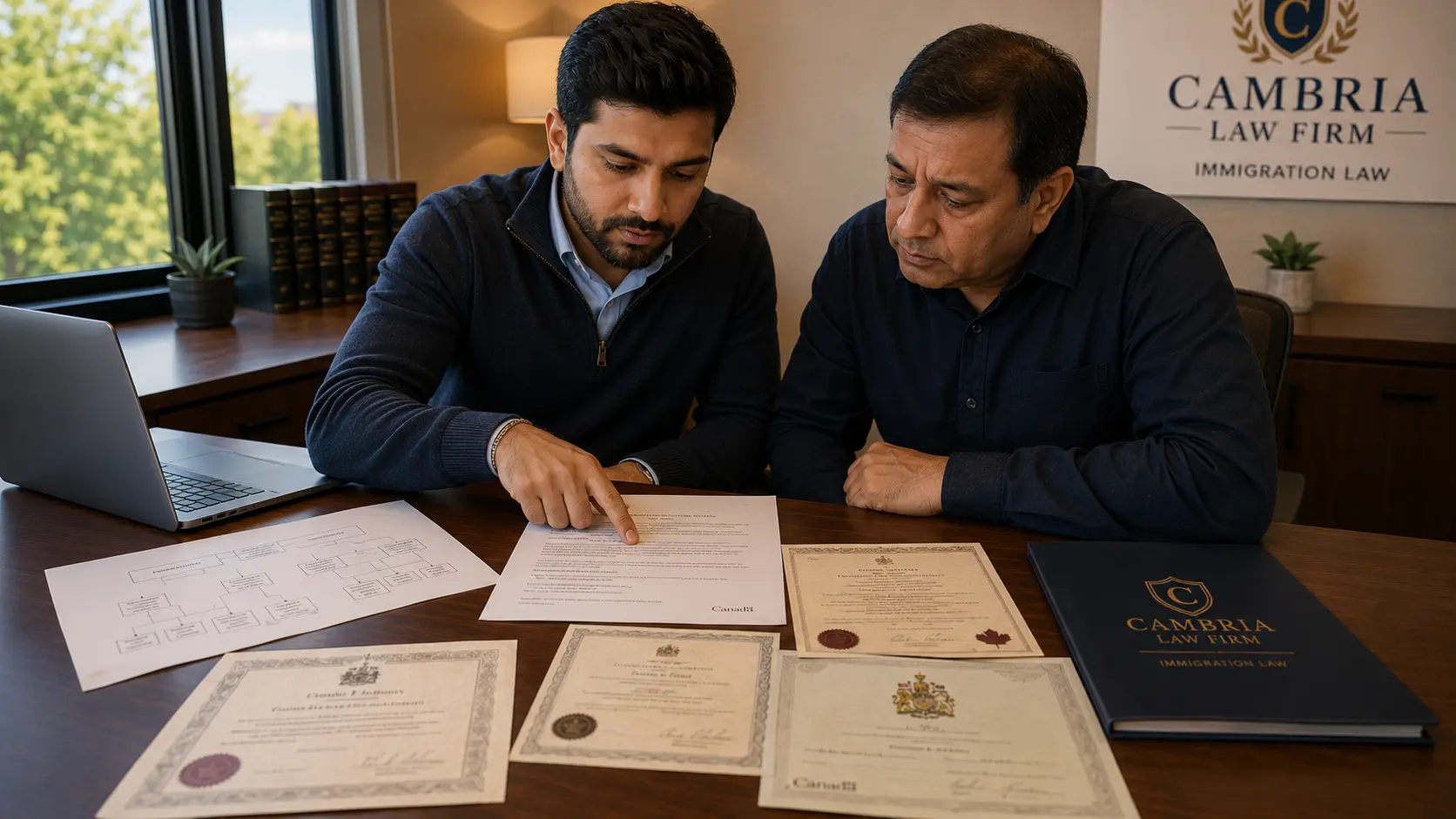 Immigration consultant reviewing citizenship-by-descent documents with a client at a professional Mississauga law office following the June 2026 IRCC processing pause.